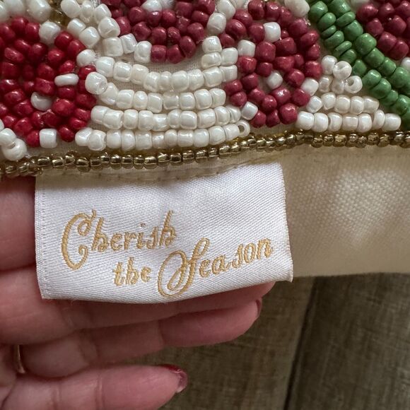 Cherish The Season Holly & Berry Beaded Accent Pillow Christmas Decor 13” X 13” - Picture 7 of 8